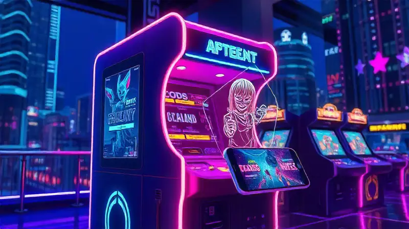 Máquina arcade futurista con hologramas neon