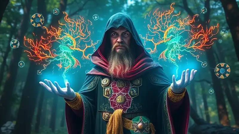 Mago futurista con energía mágica y hologramas