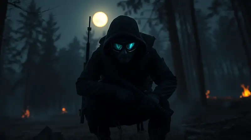 Jugador sigiloso con visión nocturna en bosque