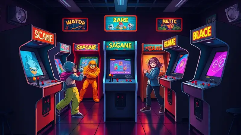 Gabinetes arcade clásicos con personajes pixelados vibrantes