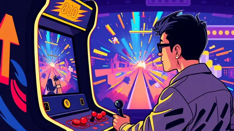 Máquina arcade retro con jugador y luces