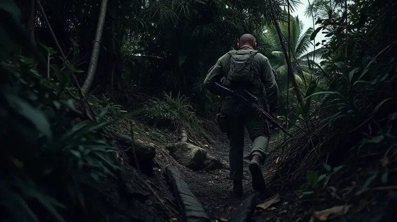 Soldado alerta avanza sigiloso en selva