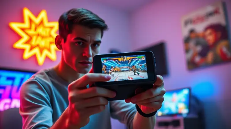 Gamer intenso juega en consola portátil