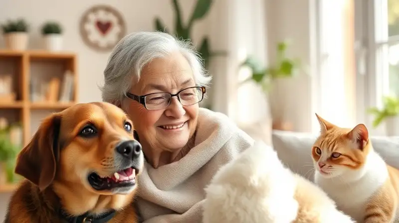 Anciano sonríe con perro y gato juntos