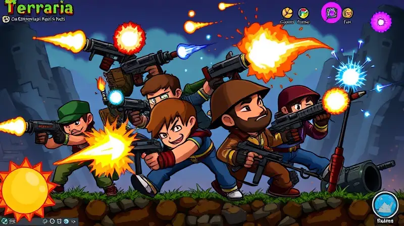 Personajes de Terraria disparan armas brillantes