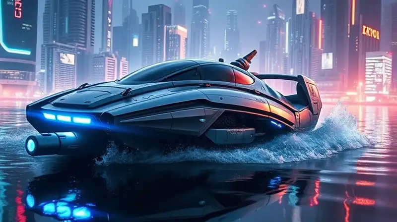 Vehículo anfibio futurista en ciudad sci-fi