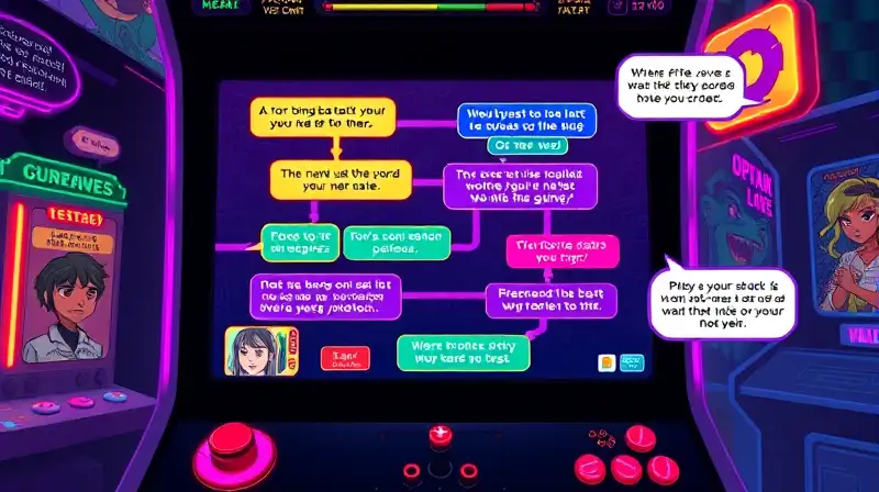 Pantalla arcade vibrante con historias ramificadas