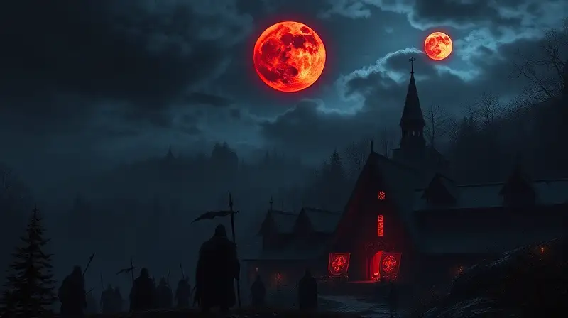 Noche oscura con luna roja y batalla