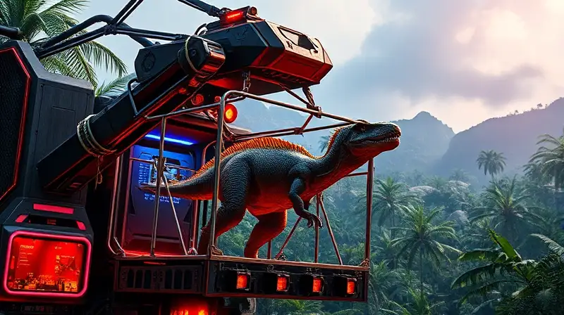 Jaula mecánica futurista con dinosaurio atrapado