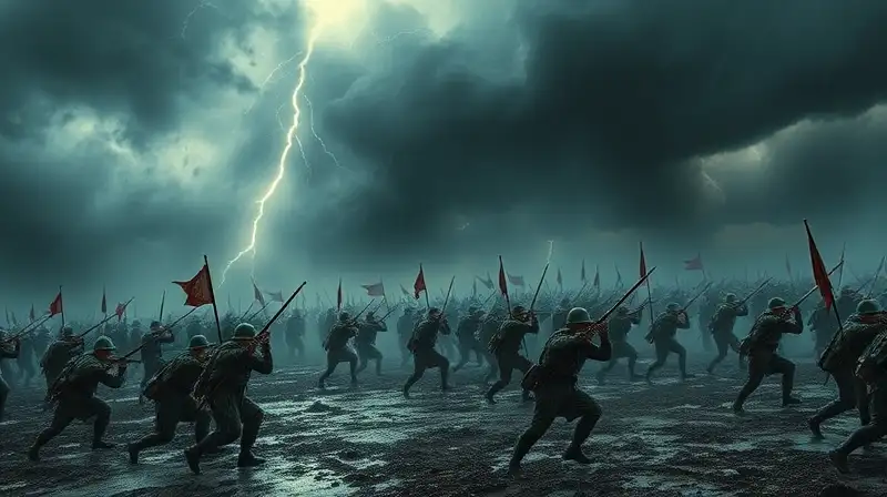 Batalla intensa bajo tormenta oscura y caótica