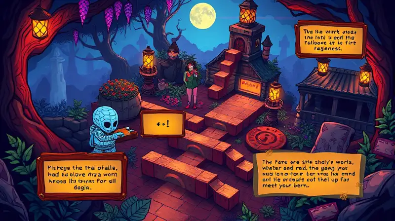 Personajes pixelados resolviendo acertijos fantásticos