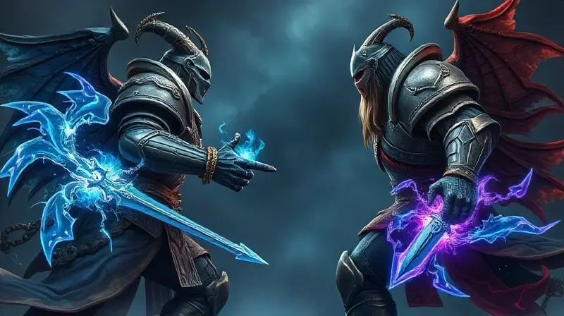 Dos guerreros armados duelan con magia