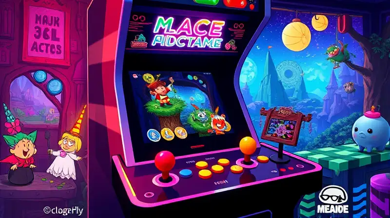 Máquina arcade retro con arte pixelado colorido