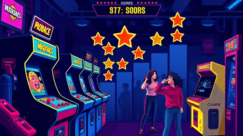 Máquinas arcade retro con jugadores emocionados