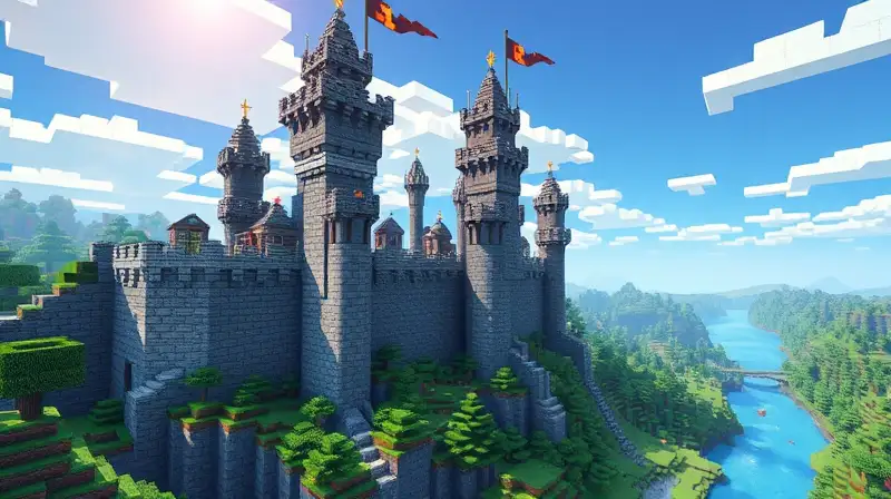 Castillos medievales pixelados en paisaje vibrante