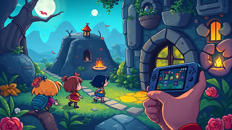 Personajes indie exploran mundo pixelado mágico