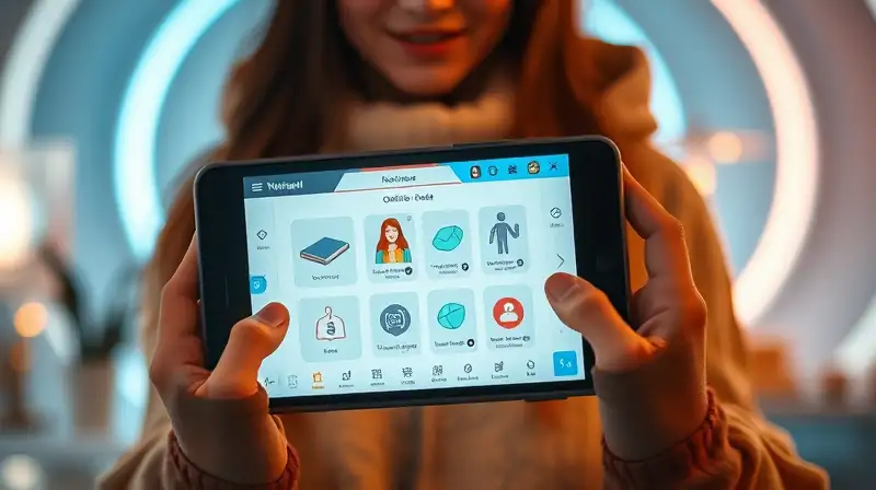 Persona interactúa con dispositivo en entorno futurista