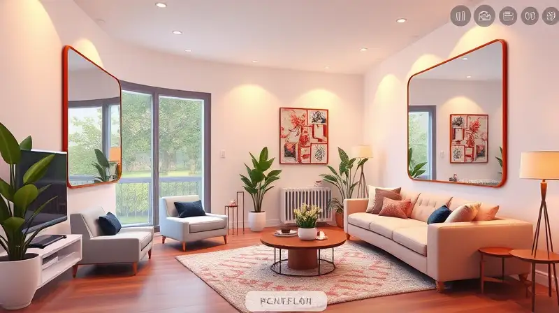 Sala moderna con espejos y plantas
