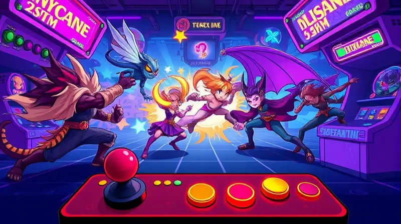 Escena arcade colorida con personajes fantásticos