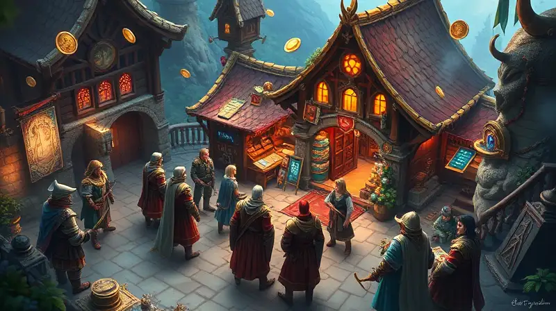 Miembros comerciando en mercado virtual fantástico