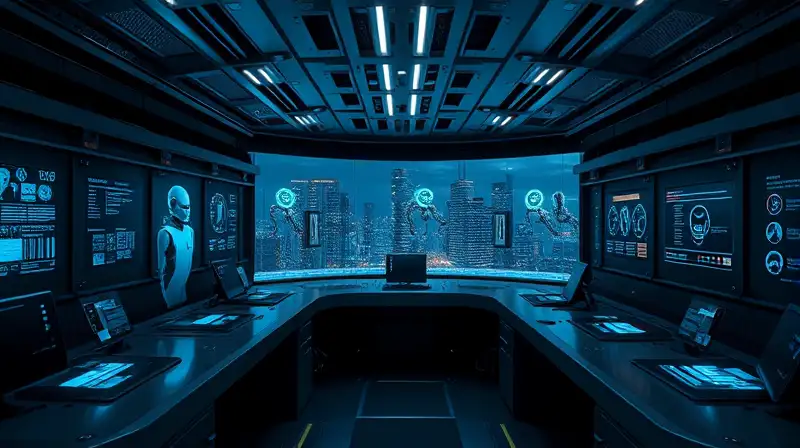 Sala futurista con tecnología avanzada y vigilancia