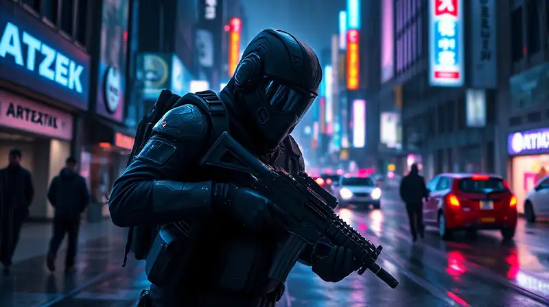 Soldado futurista sigiloso en ciudad cibernética