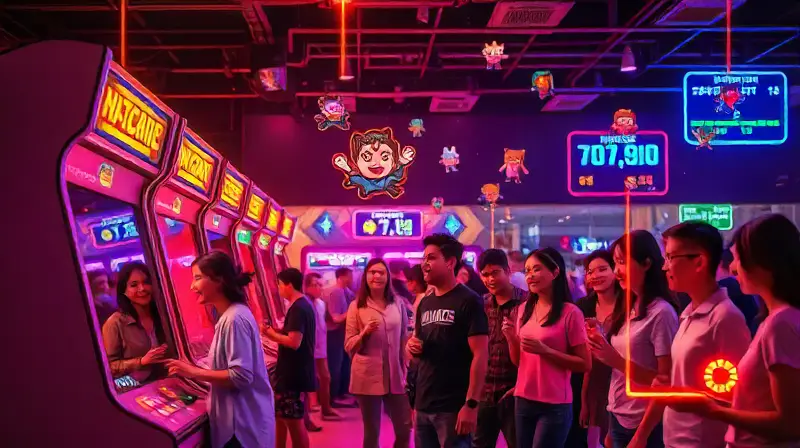 Arcade retro con jugadores felices y neón