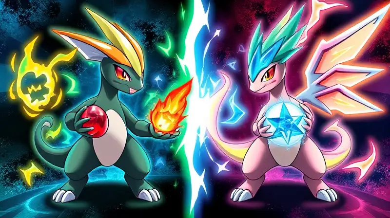 Dos Pokémon con piedras de evolución brillantes