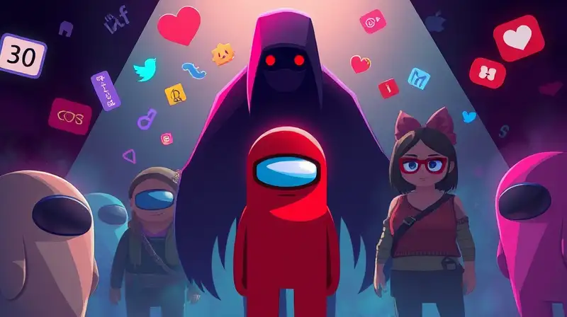 Personaje rojo en sombra, símbolos y luces