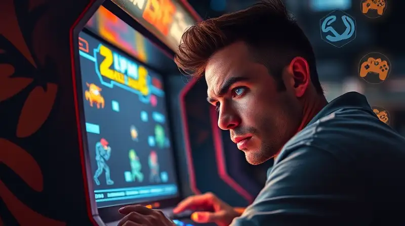 Gamer concentrado juega en arcade vintage