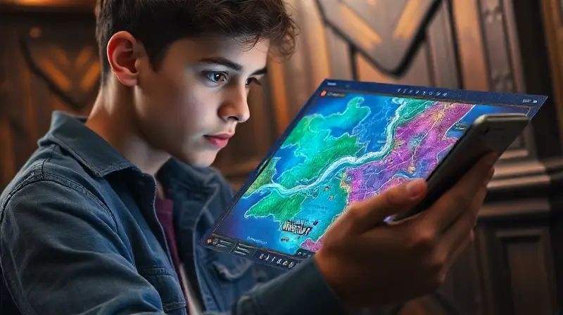 Jugador novato estudia mapa mágico vibrante