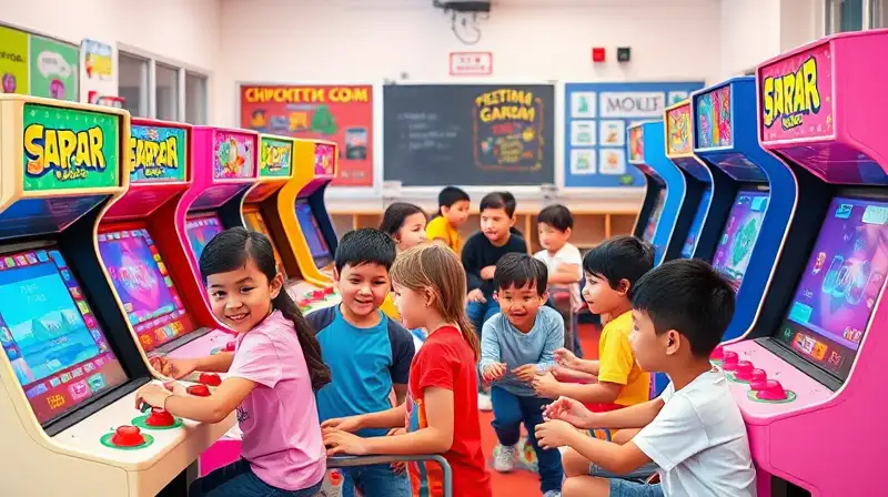 Niños juegan en aula colorida y vibrante