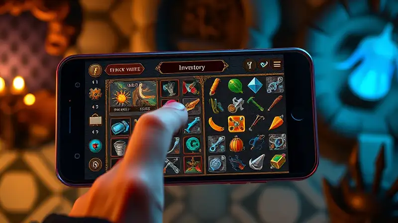 Smartphone muestra inventario RPG colorido