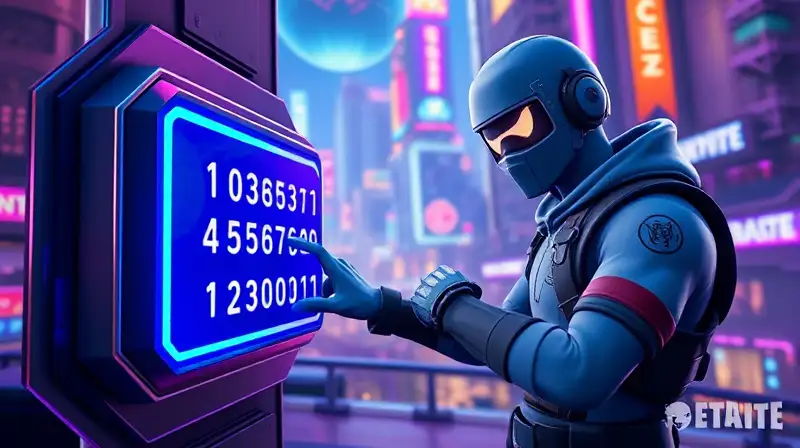 Personaje de Fortnite ingresa código en ciudad futurista