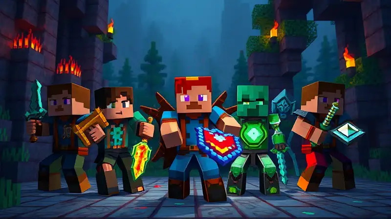 Personajes Minecraft armados en aventura nocturna