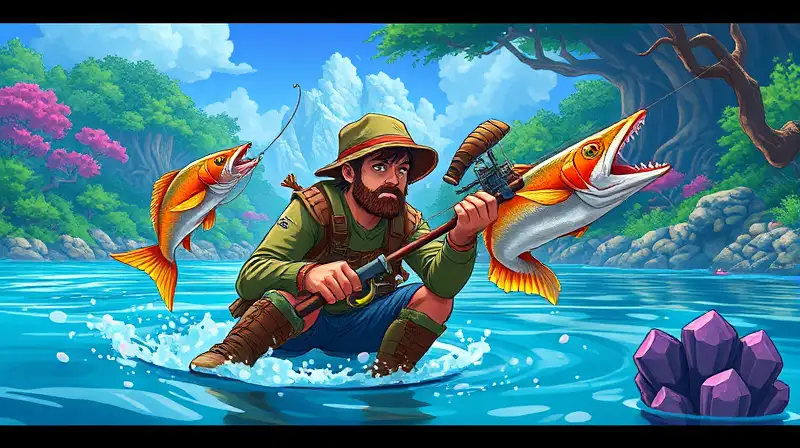 Pescador en Terraria con ambiente colorido