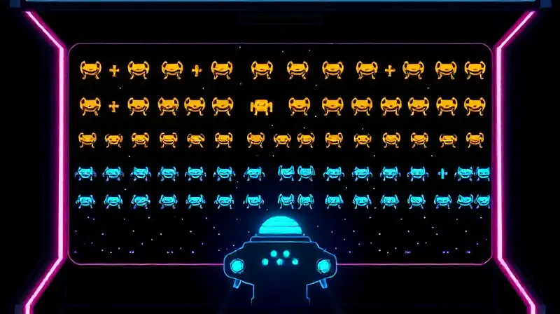 Pixel art arcade con enemigos y nave brillante