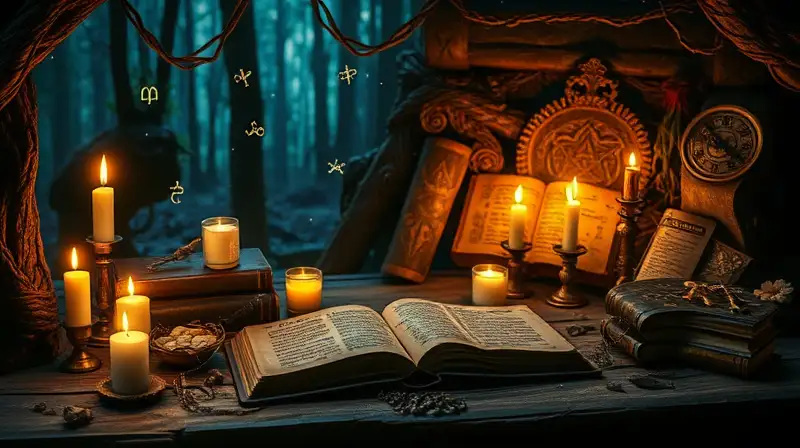Altar místico con runas y símbolos flotantes