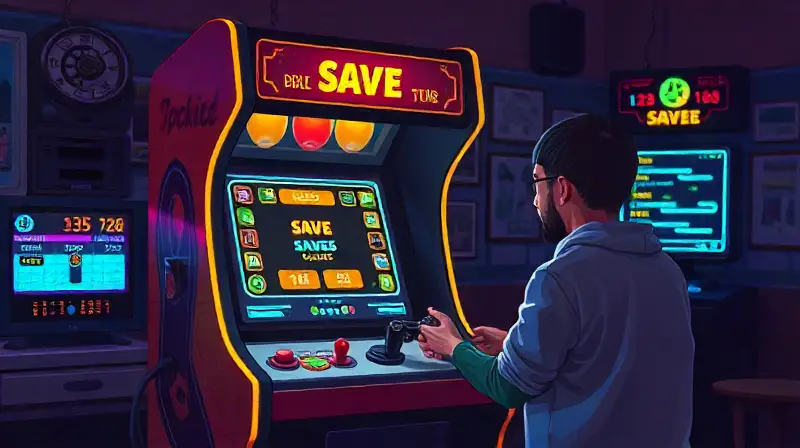 Máquina arcade retro con juego y estadísticas