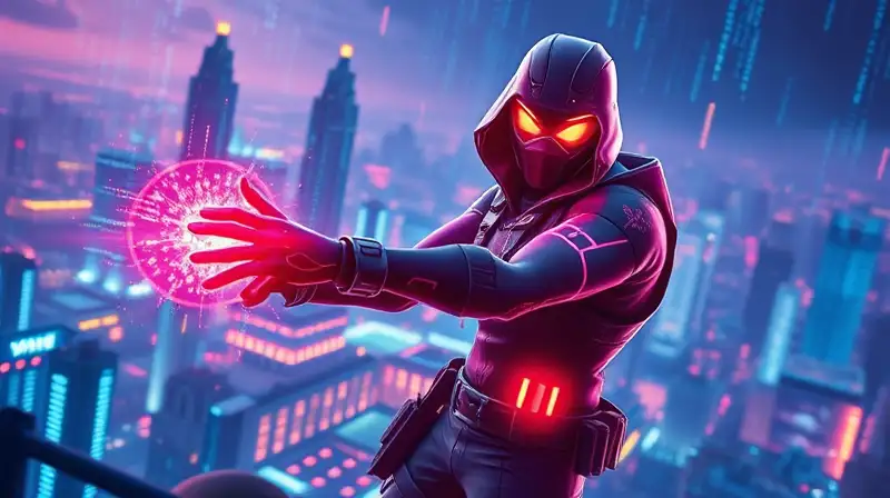 Personaje de Fortnite hackeando ciudad futurista