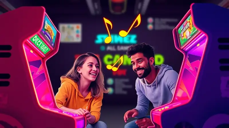 Dos amigos juegan felices en arcade retro