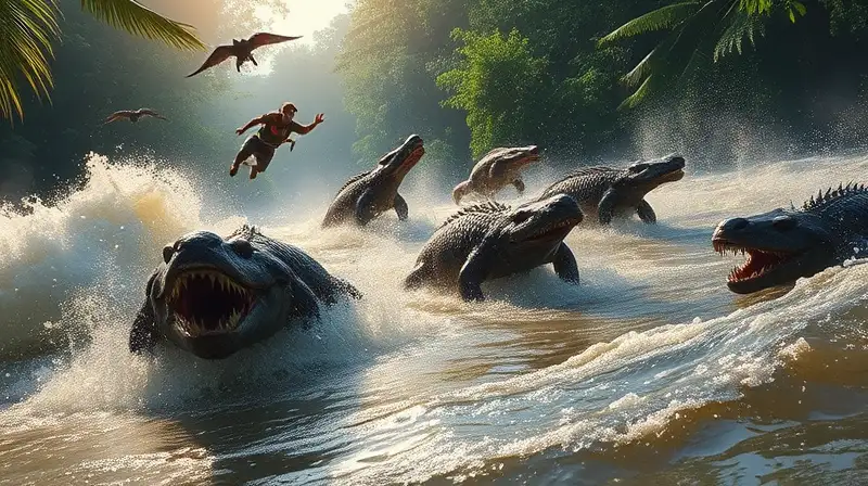 Criaturas acuáticas persiguen en río turbulento