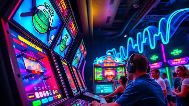 Arcade musical vibrante con jugadores entusiastas
