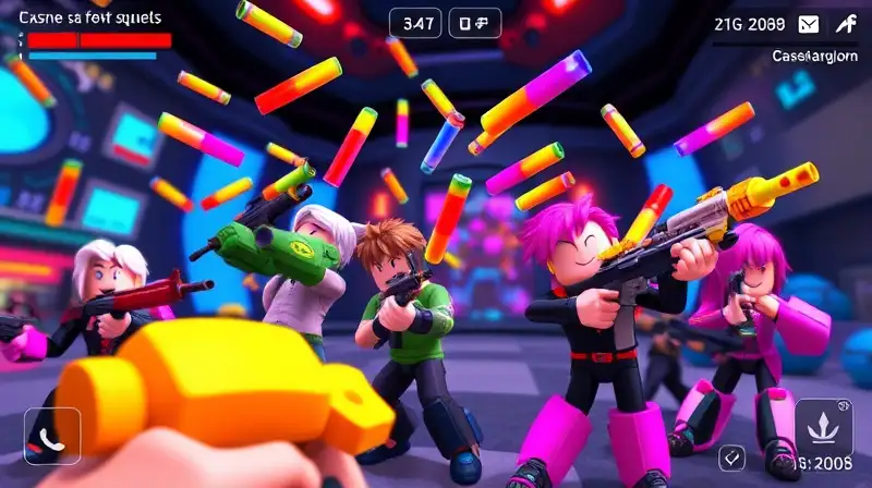 Armas y personajes coloridos en juego digital
