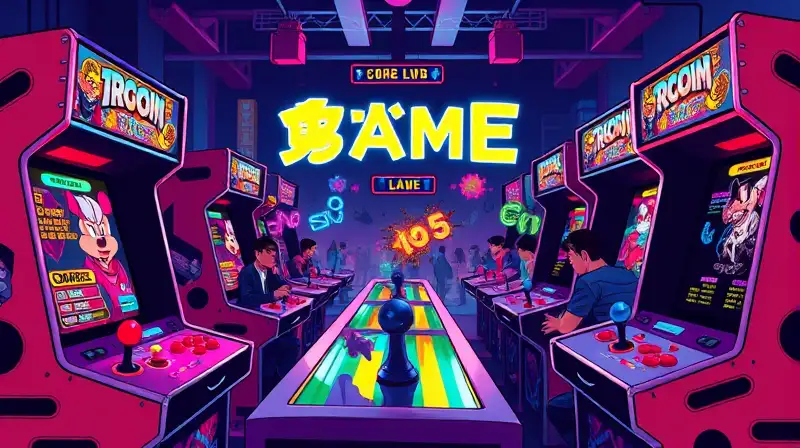 Arcade retro vibrante con jugadores entusiasmados