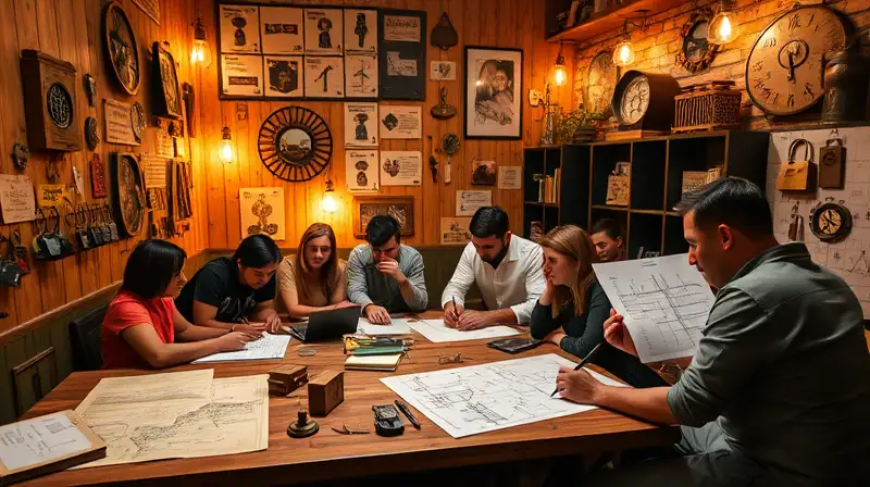 Grupo diverso resuelve enigmas en sala acogedora