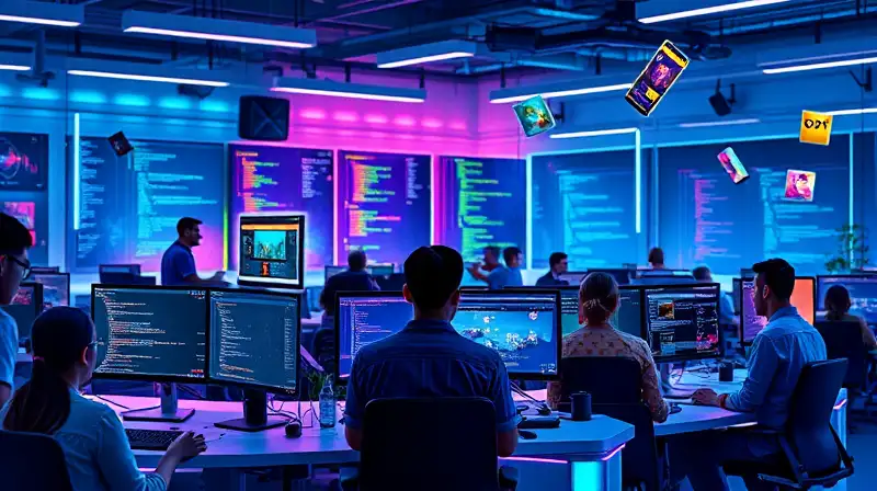 Espacio futurista creativo con tecnología y colaboración