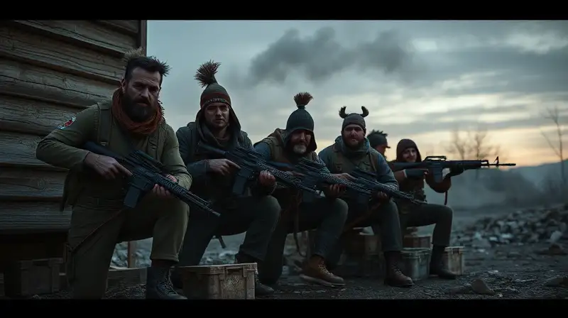 Clan armado en base fortificada al atardecer