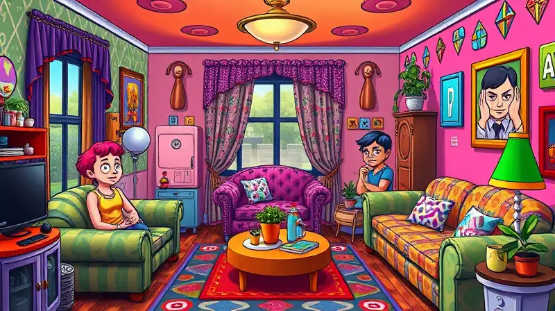 Habitación Sims caótica con colores chocantes
