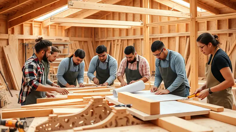 Equipo diverso crea estructuras de madera colaborativamente
